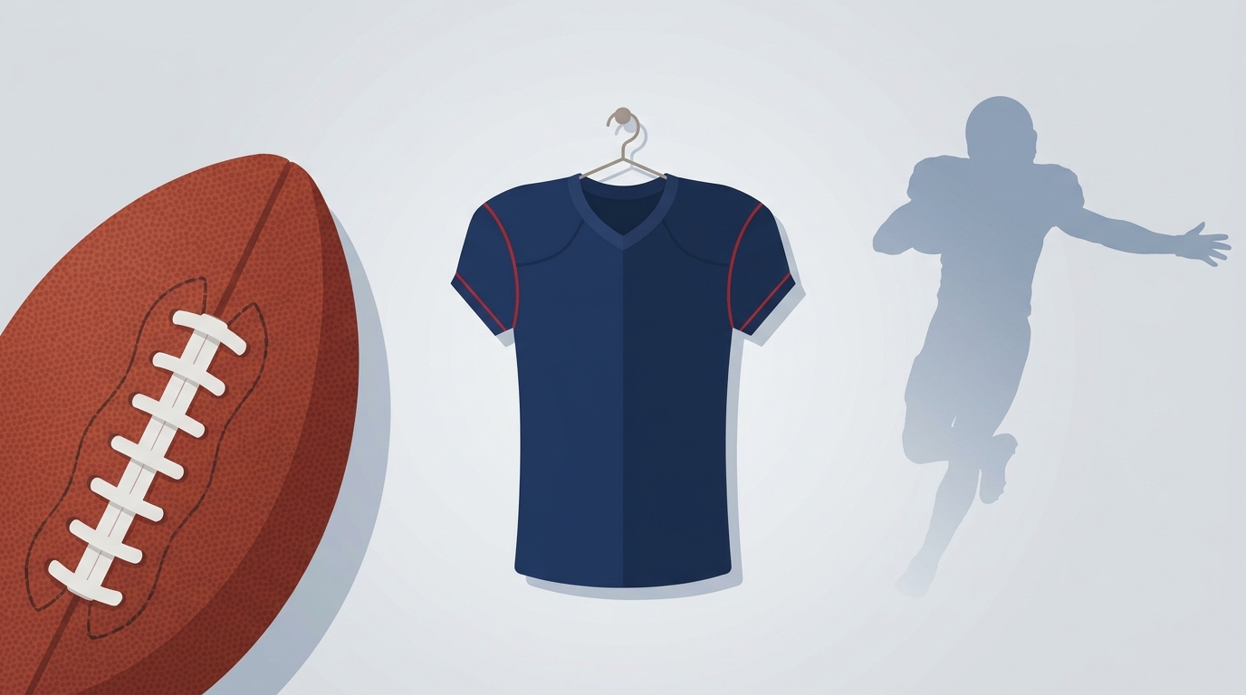Minimalist illustration of a football, jersey, and player silhouette