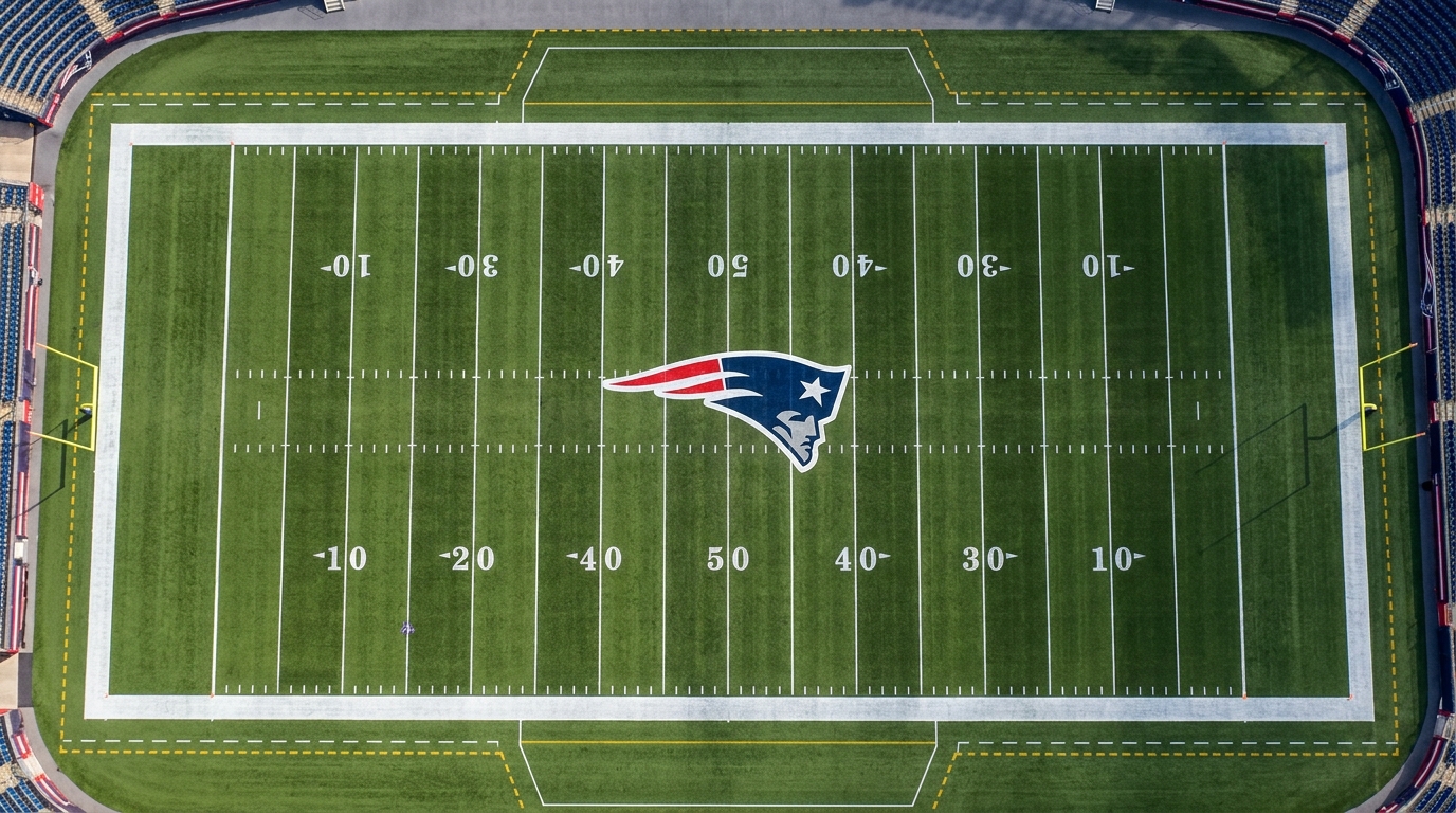 Aerial view of a football field with the New England Patriots logo centered at midfield