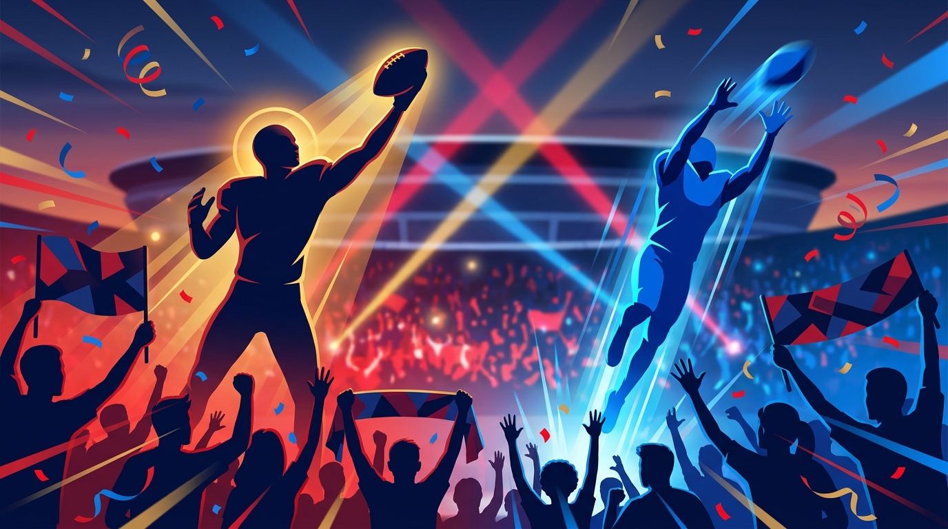 Silhouetted fans cheering with two stylized receiver figures symbolizing a veteran star and a leaping UDFA rookie against a dusk stadium backdrop, energetic reds, navy and electric blue highlights