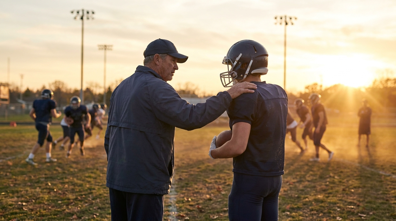 Coach placing a steady hand on a young quarterback's shoulder at golden hour, teammates blurred in the background, warm hopeful lighting and shallow depth of field