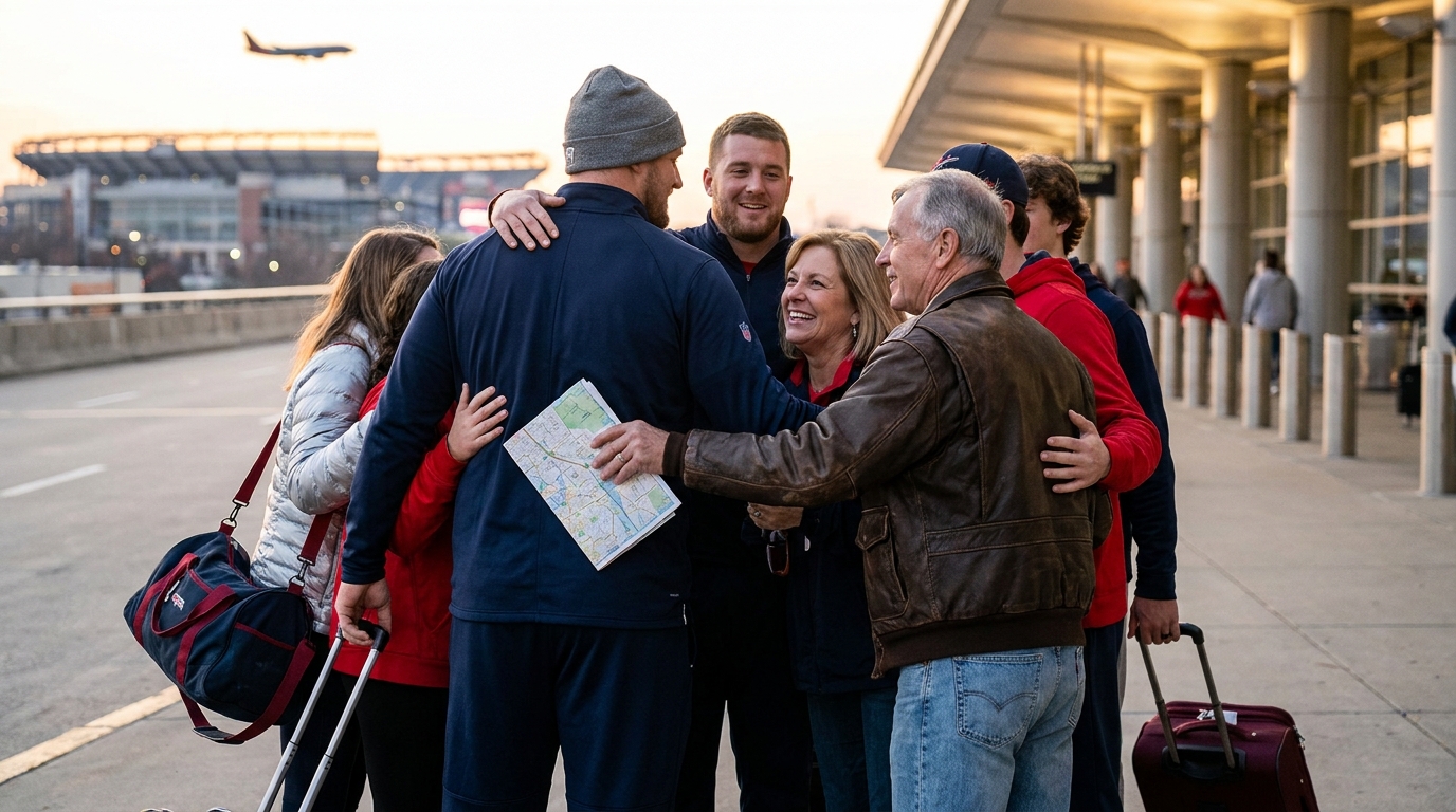 Warm photo of a tall athlete embracing family outside a stadium with subtle navy and red clothing accents, a folded US map in hand, and a softly blurred stadium silhouette in the background.