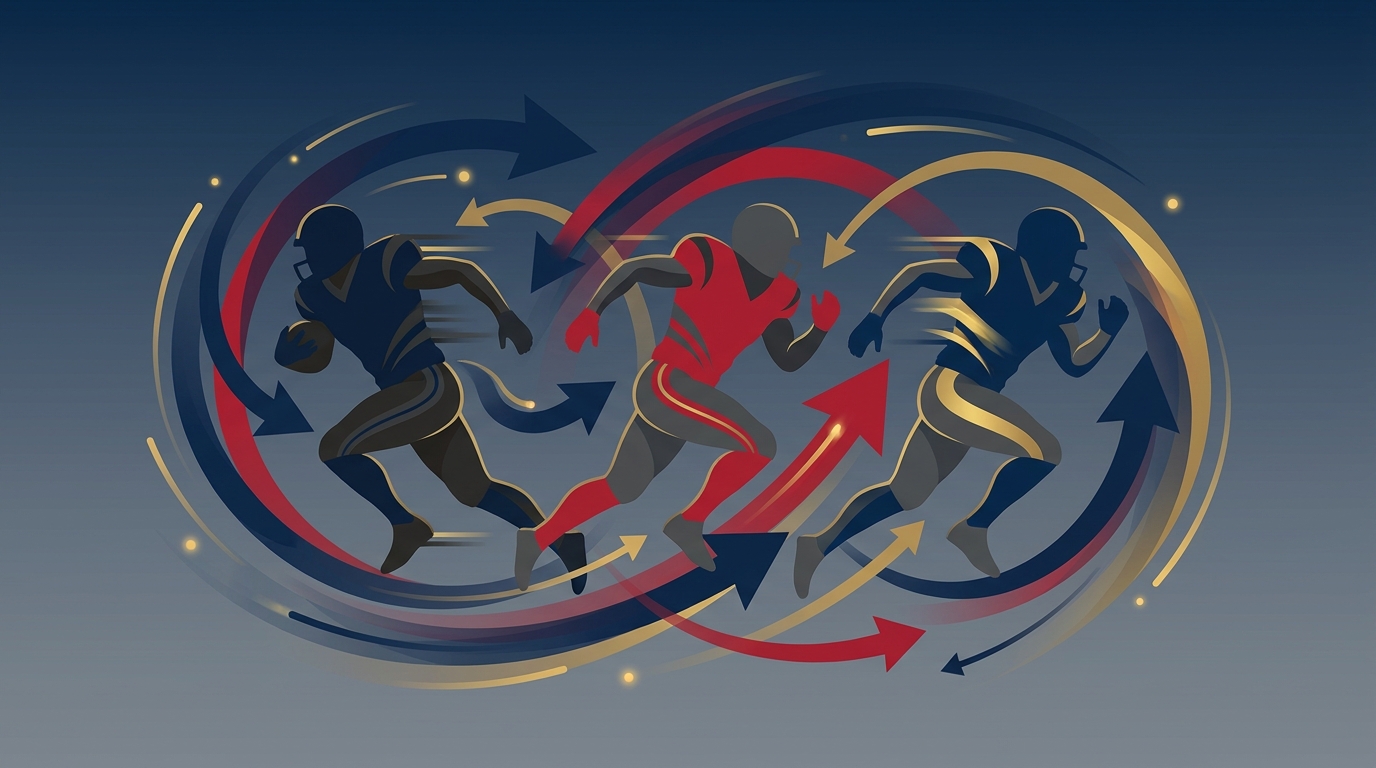 Abstract illustration of three stylized football players with arrows symbolizing trades and movement, in deep navy and Patriots red.