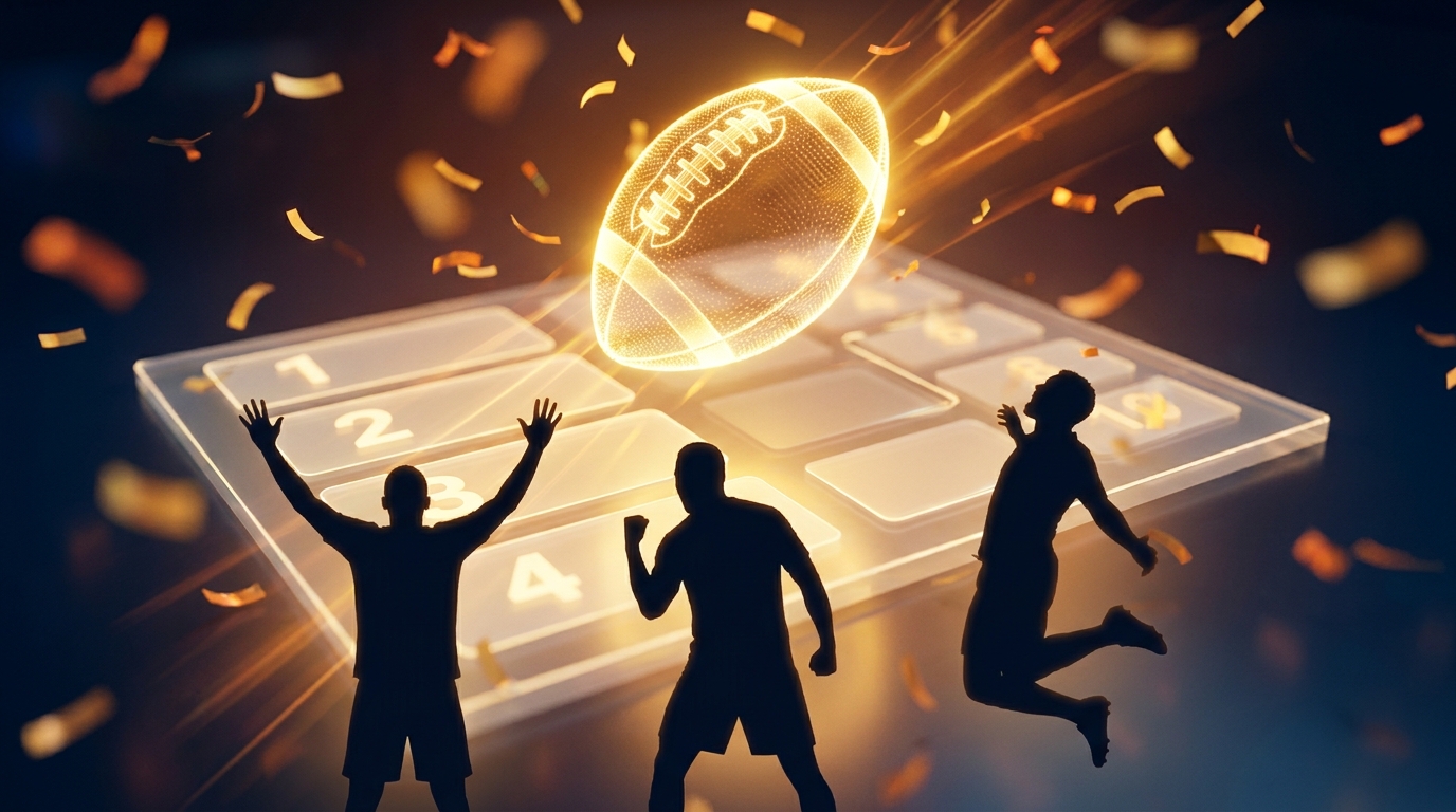 Glowing football above a stylized draft board with celebrating player silhouettes
