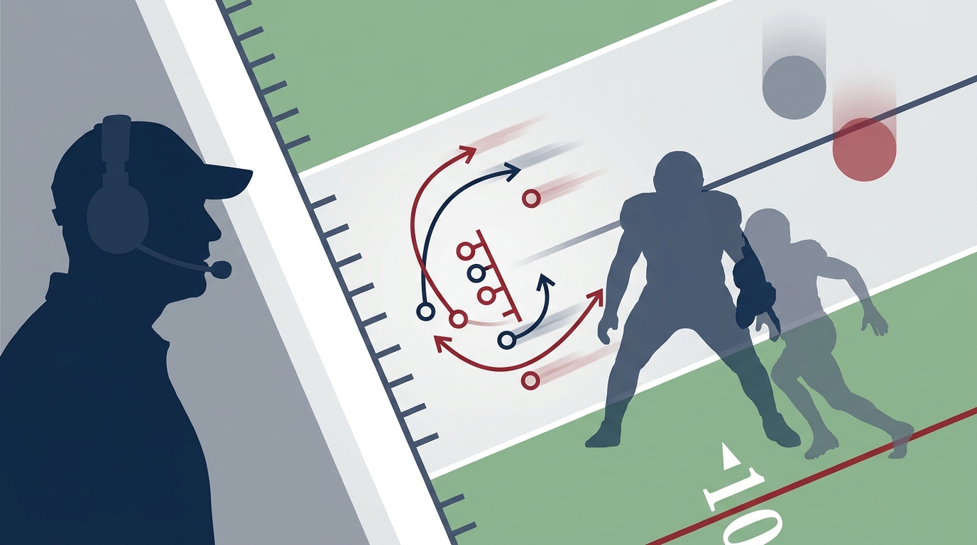 Silhouette of a coach with a play diagram on a partial football field, player silhouettes, and floating draft pick tokens