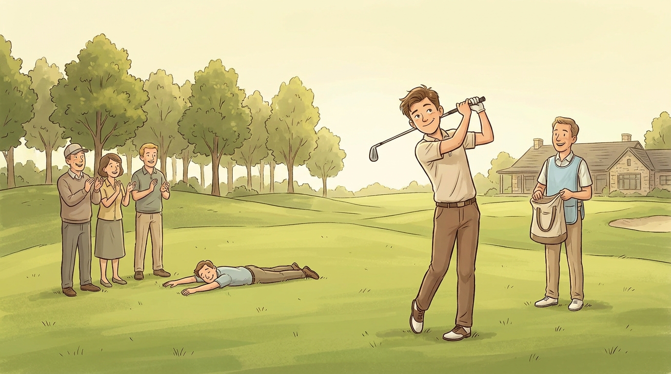 A relaxed golfer about to swing on a sunny fairway with smiling spectators and a staged humorous 'pretend dead' spectator in the grass