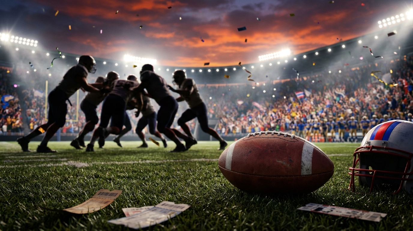 Patriots 2026 schedule excitement: football on stadium field at twilight with players breaking a huddle, confetti in air