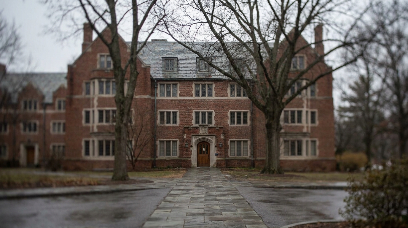 Boston College dorm exterior with red brick facade, walkway, and trees