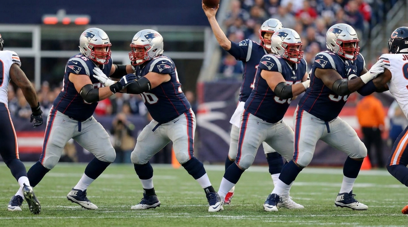Patriots offensive line in pass protection showing left tackle, left guard, center, right guard, and right tackle mid-play