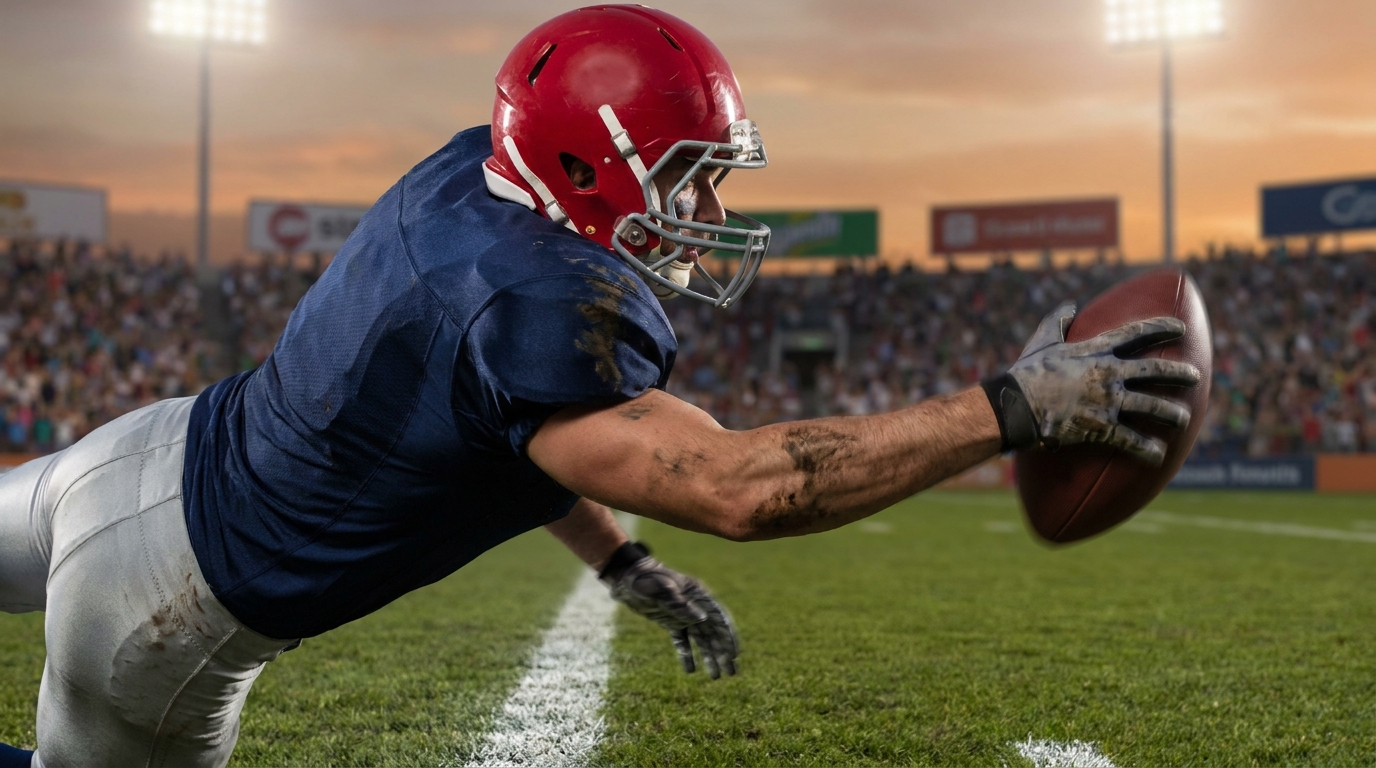 Action shot of a wide receiver making a one-handed sideline catch, wearing navy, silver and red uniform without logos, stadium backdrop and motion blur