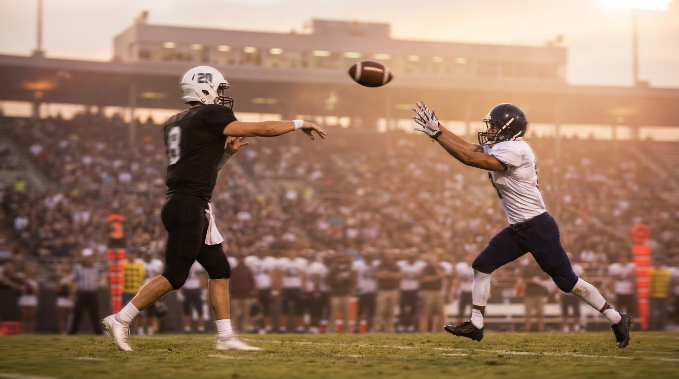Quarterback throwing to wide receiver in a packed stadium at dusk, ball mid-flight, motion blur to convey speed