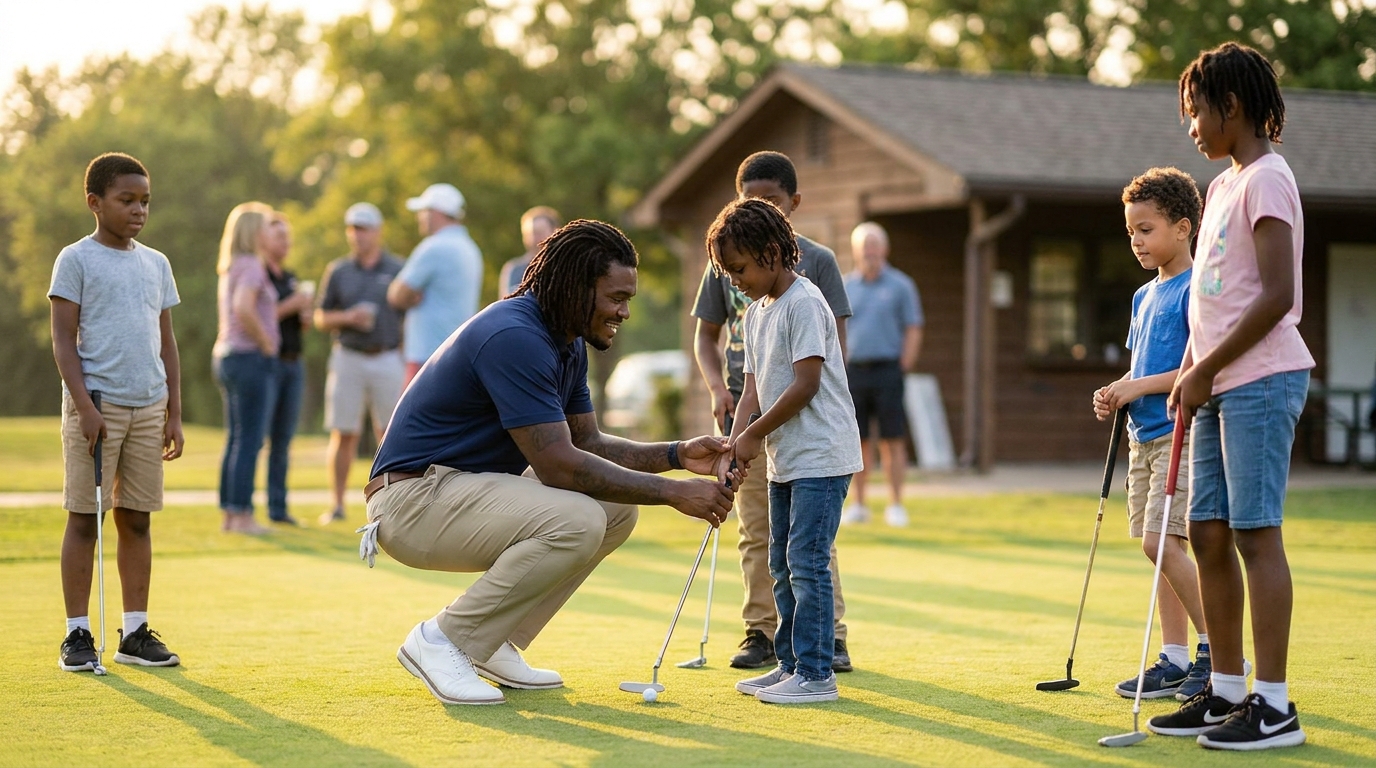 Dont'a Hightower teaching kids at a community golf clinic