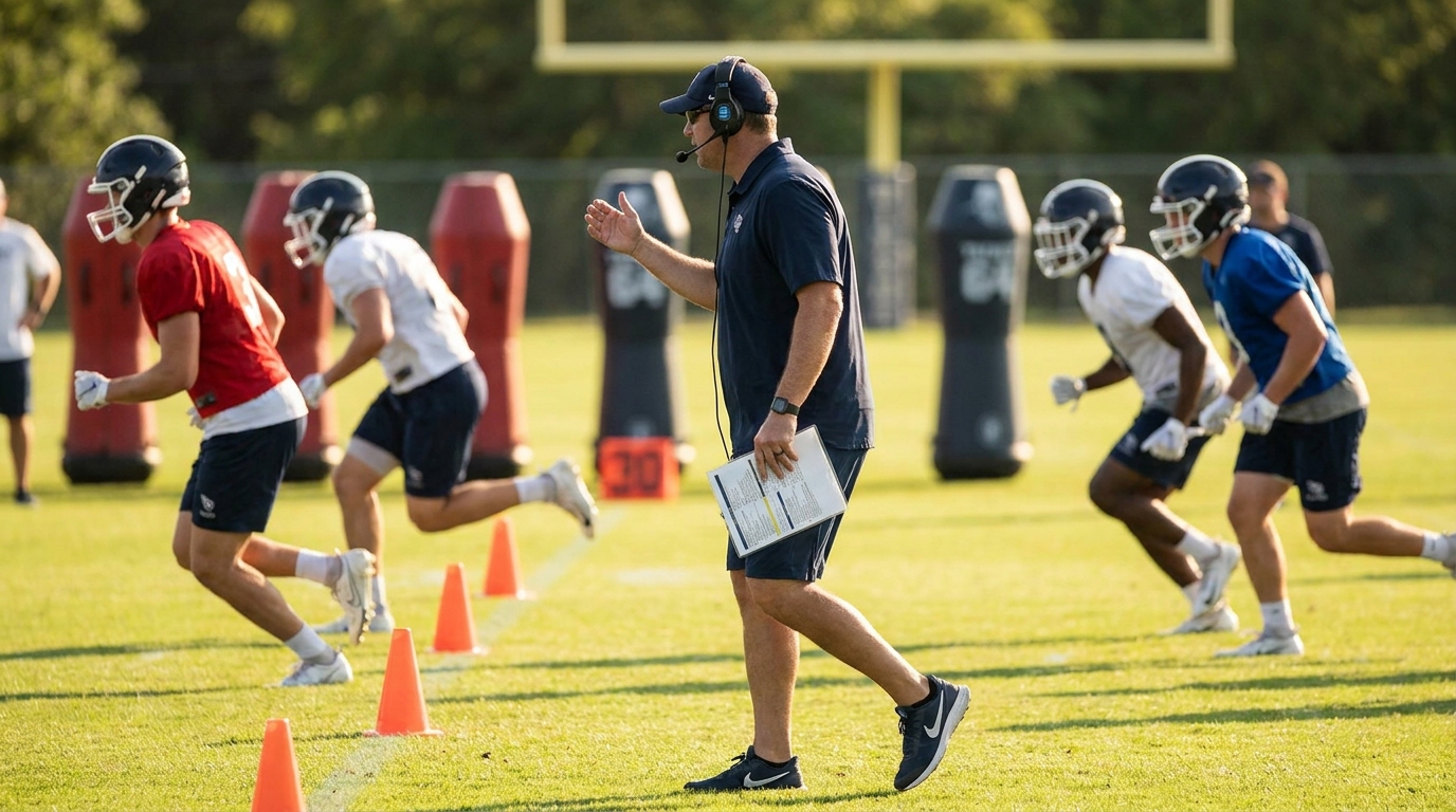 Football coach leading team practice