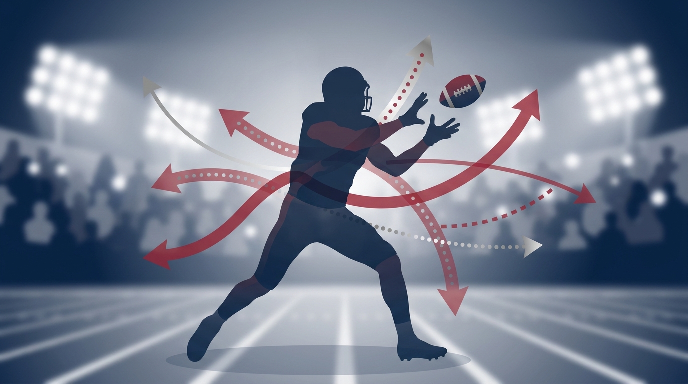 Silhouette of a wide receiver reaching for a football with trade-route arrows