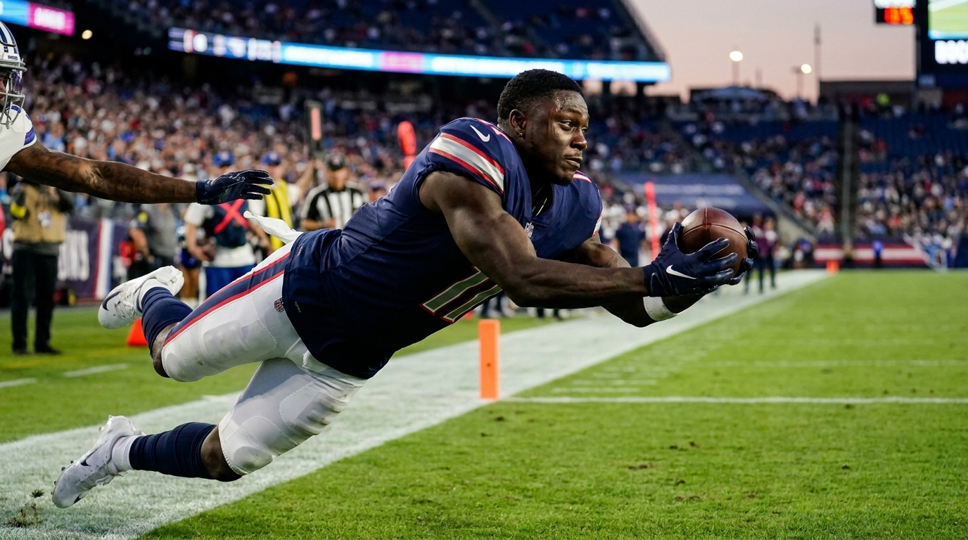 A.J. Brown reaches for a contested catch in Patriots uniform
