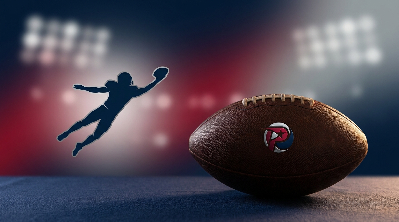 Silhouette of a wide receiver in Patriots colors leaping to catch an invisible ball with a football in the foreground
