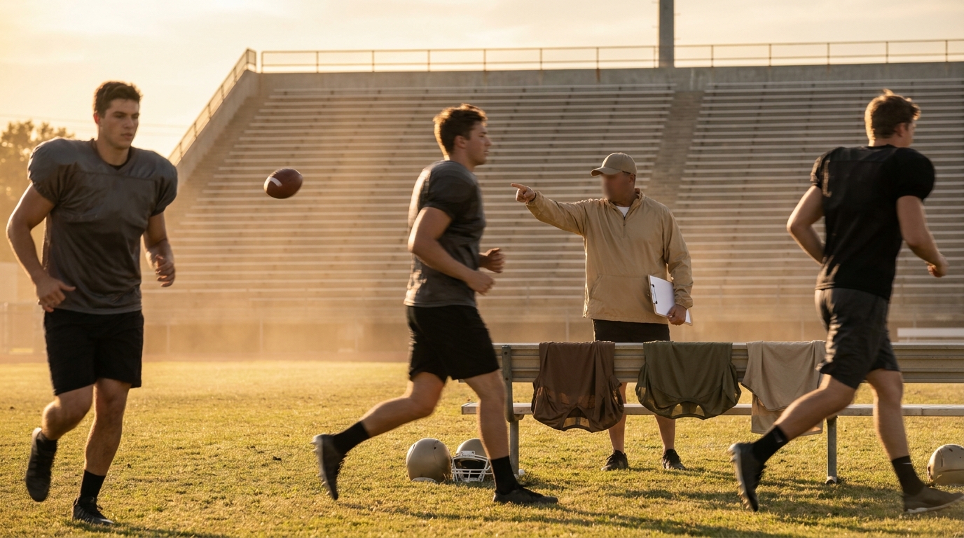 Late-afternoon NFL offseason practice with symbolic roster movement