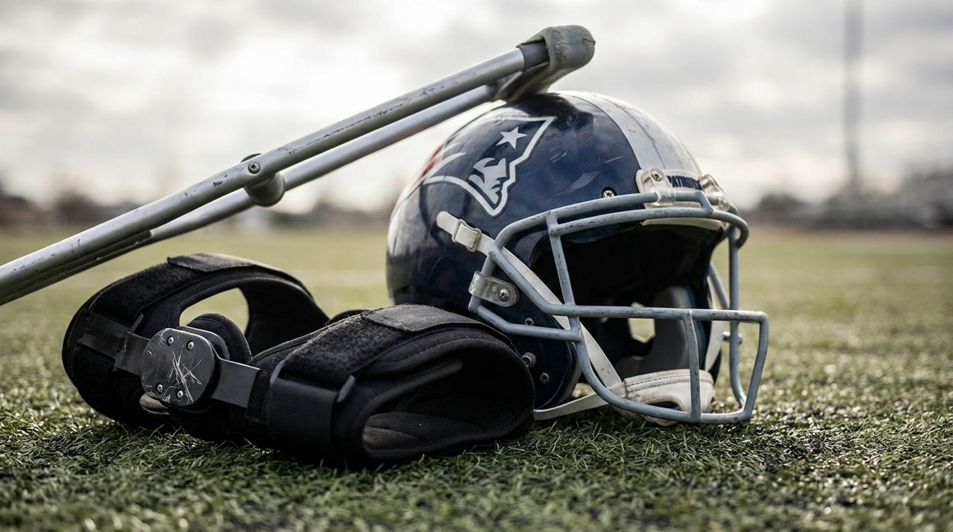 Patriots helmet beside a knee brace and crutch on turf