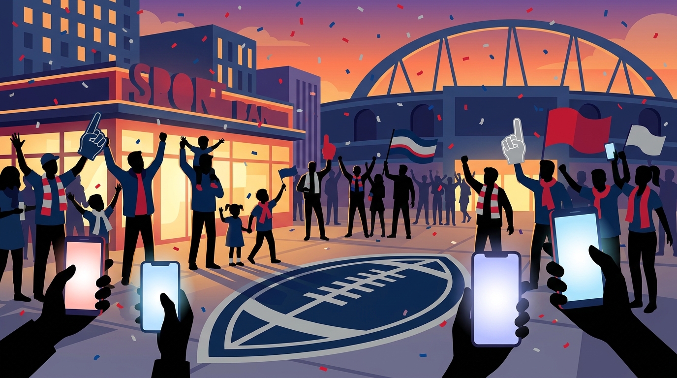 Stylized crowd of Patriots fans celebrating outside a stadium at dusk with confetti, flags, foam fingers, and a large football in foreground in navy red and silver tones