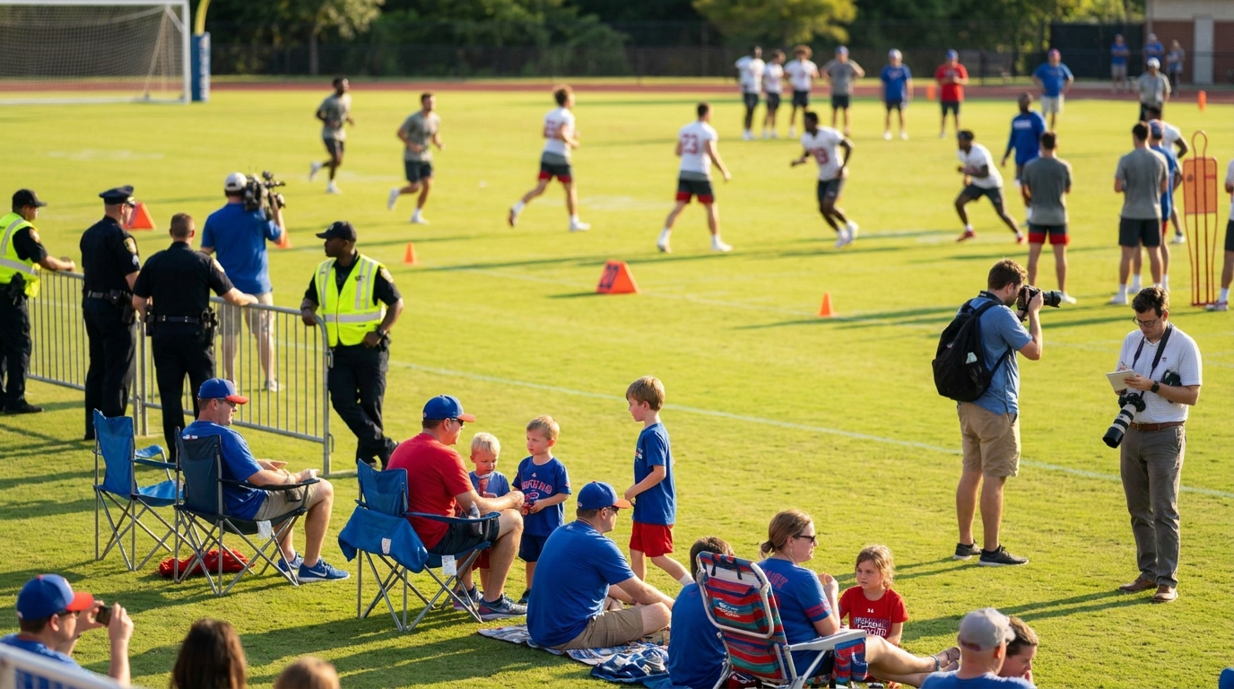 Fans and players at a Patriots mini-camp walkthrough practice