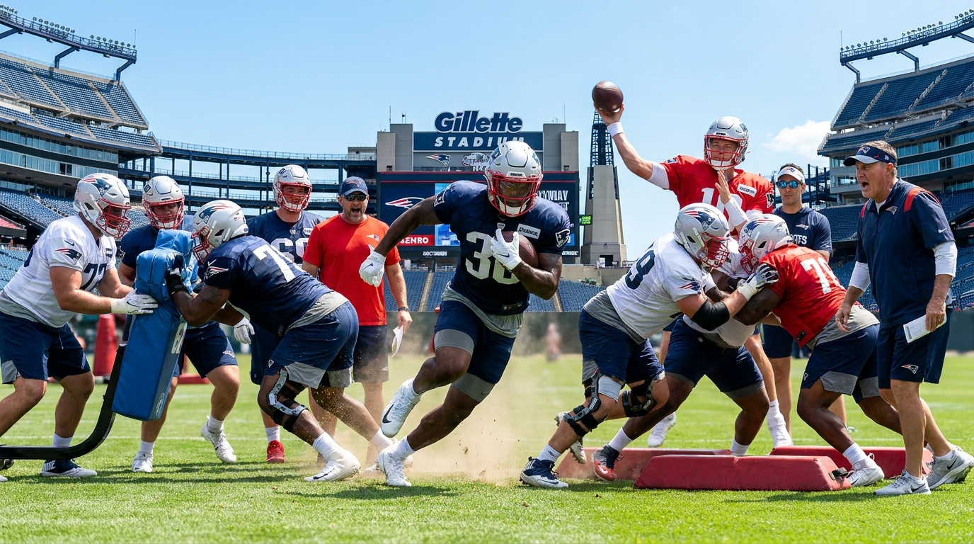 Patriots practicing at Foxborough minicamp, players running drills on green field
