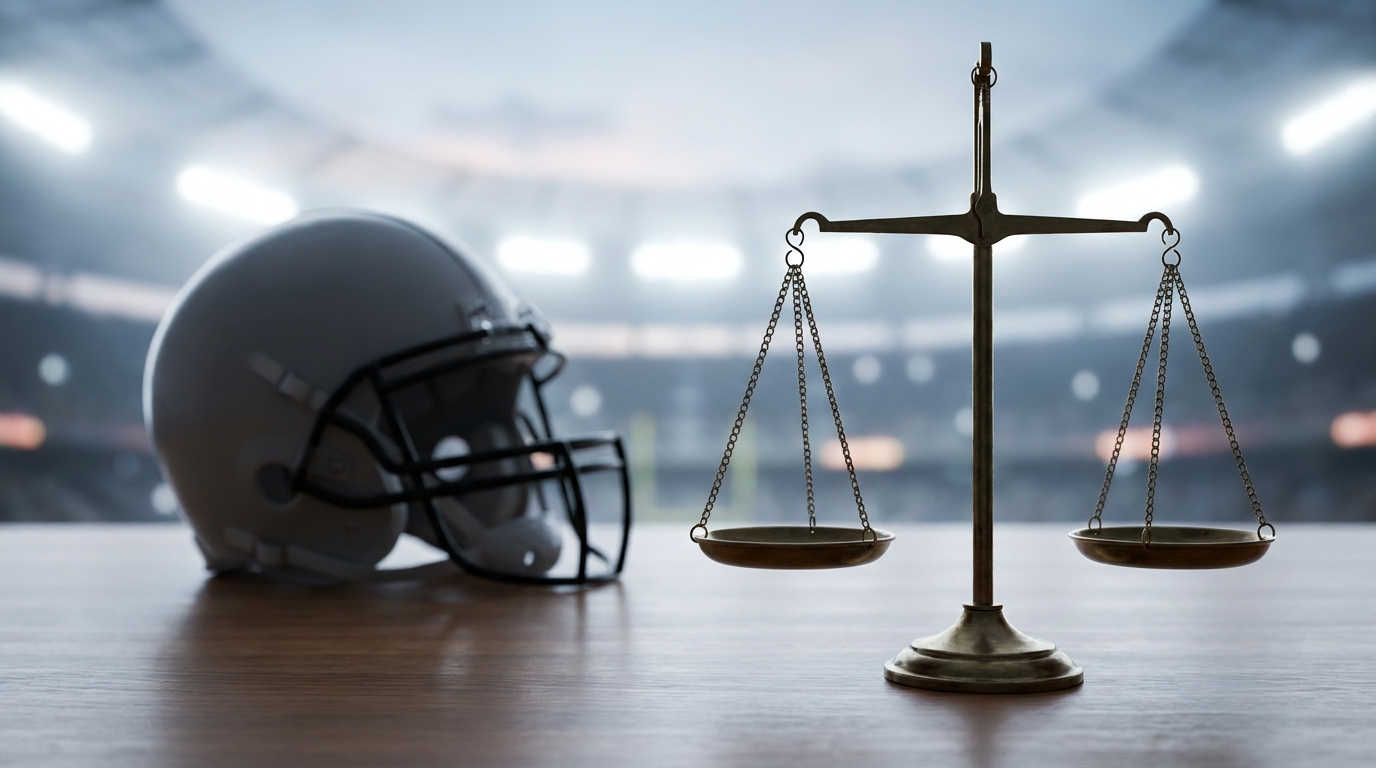 Balanced scales of justice on a wooden table with a blurred football helmet and stadium lights in the background