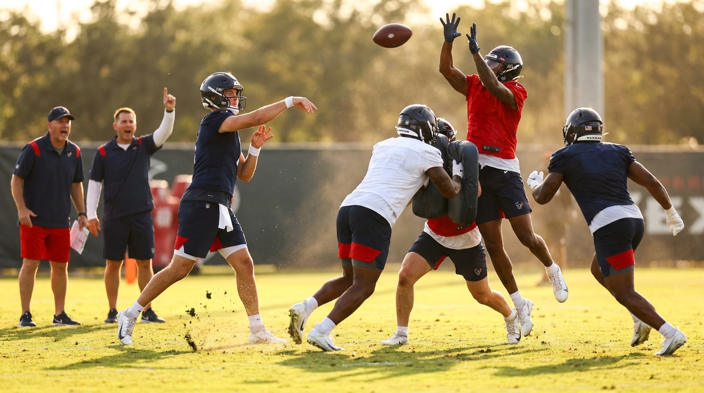 Players sprinting and leaping during a spirited, non-padded practice on a green field, coaches gesturing on the sideline