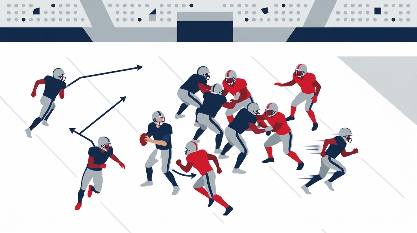 Play-action illustration of Patriots offense with Maye, Brown, Doubs, Henderson and Stevenson