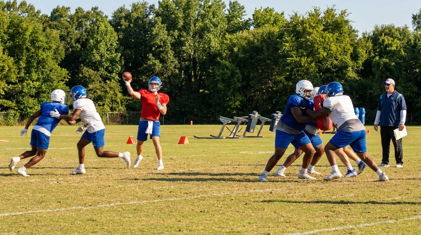 Patriots players practicing on a grass field during spring workouts 2026
