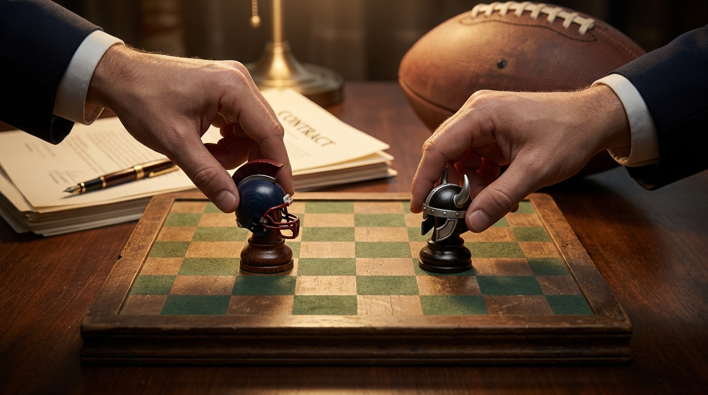 Hands moving football-helmet chess pieces over contract papers