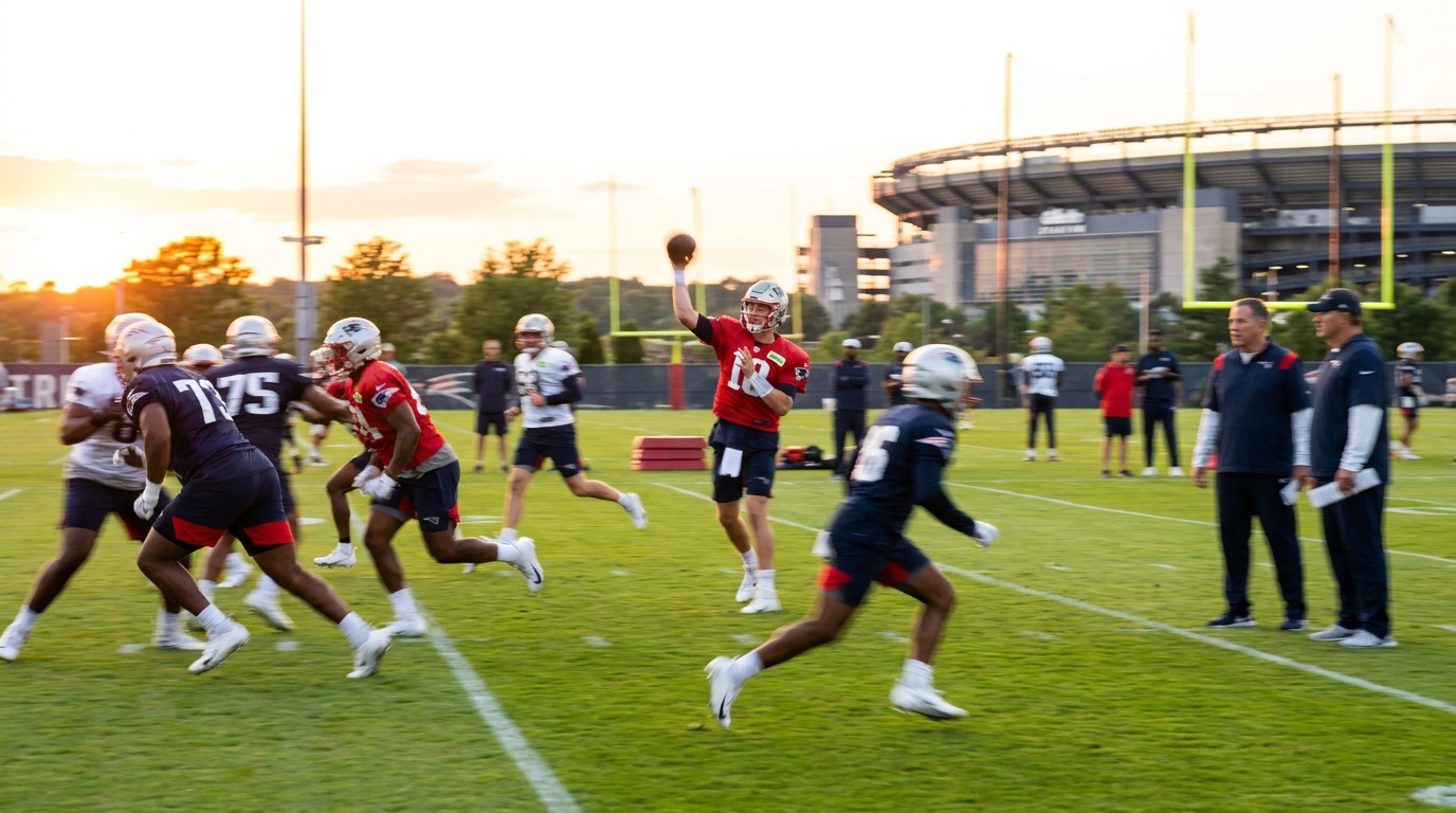 Players practicing on Gillette Stadium practice field during Patriots minicamp and spring workouts 2026