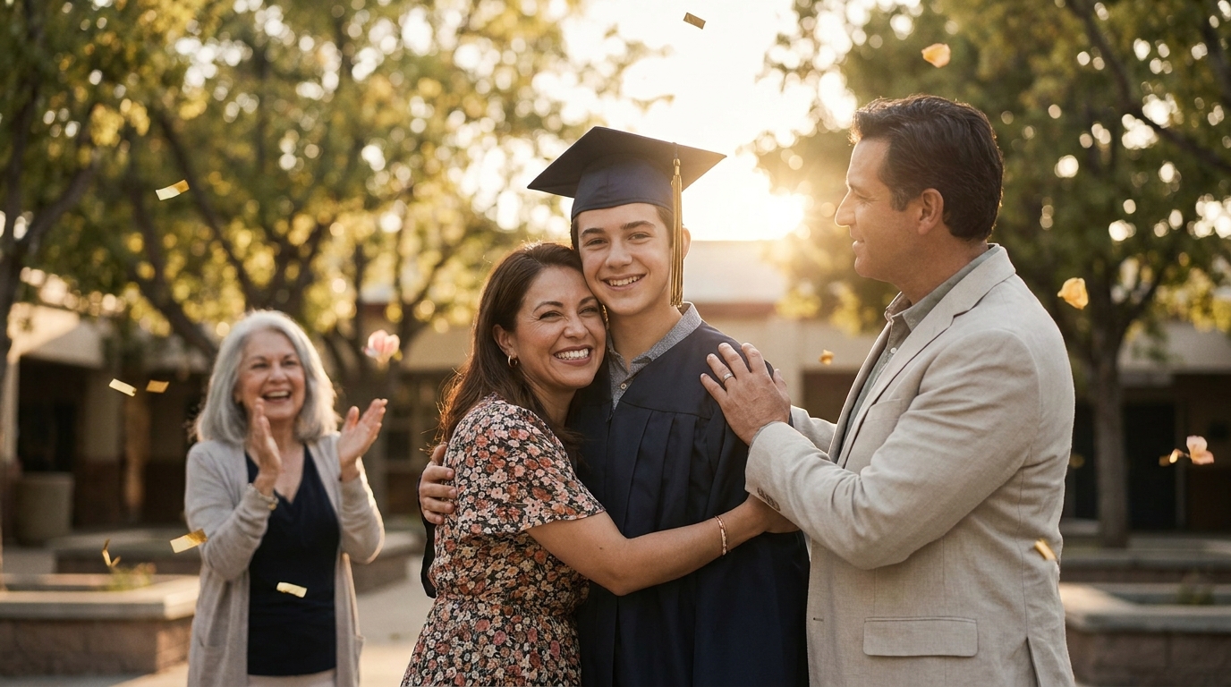 Family celebrating graduation outdoors in golden-hour light