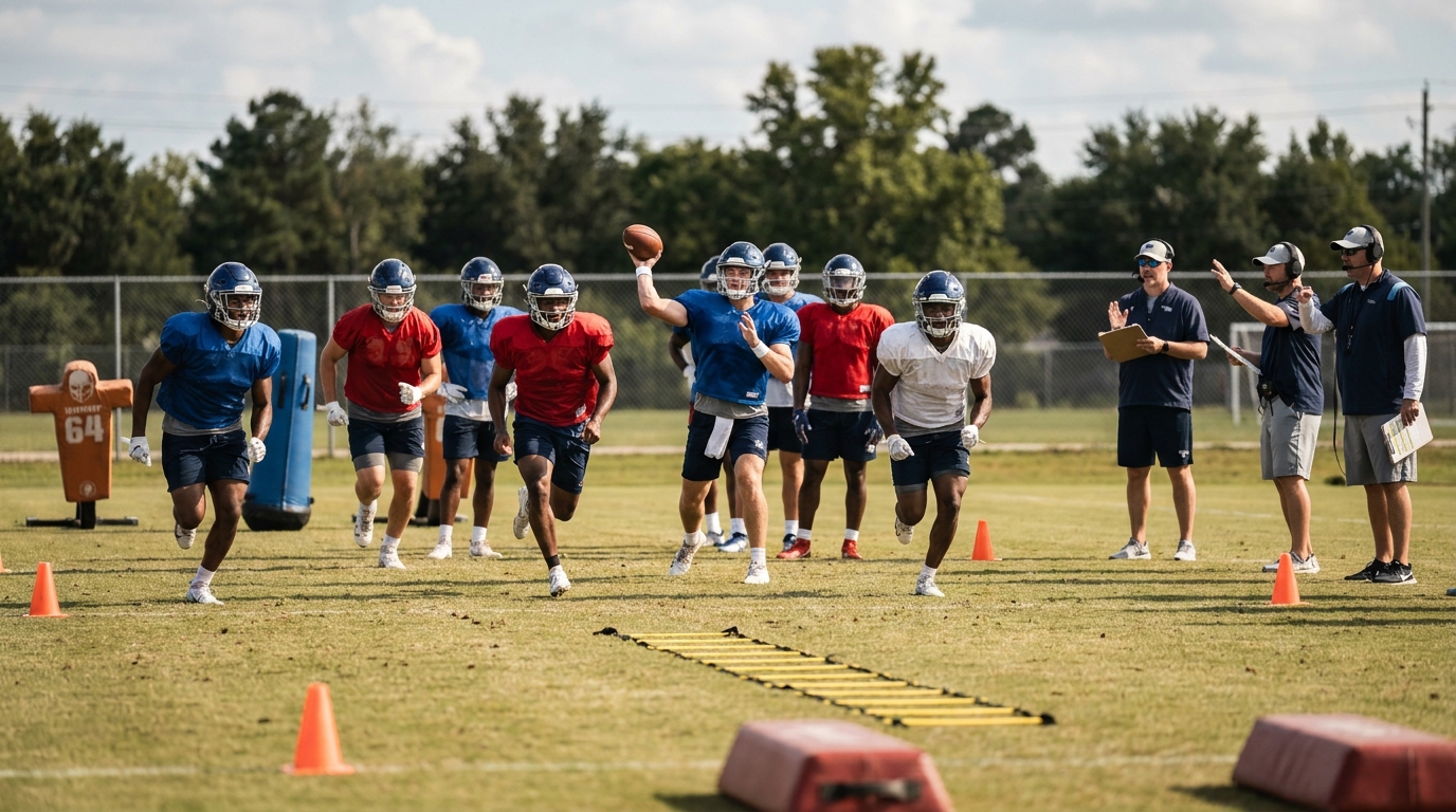 Patriots minicamp players running routes and coaches observing