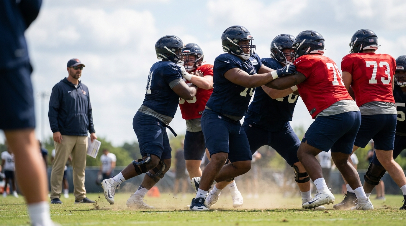 Patriots offensive and defensive linemen practicing