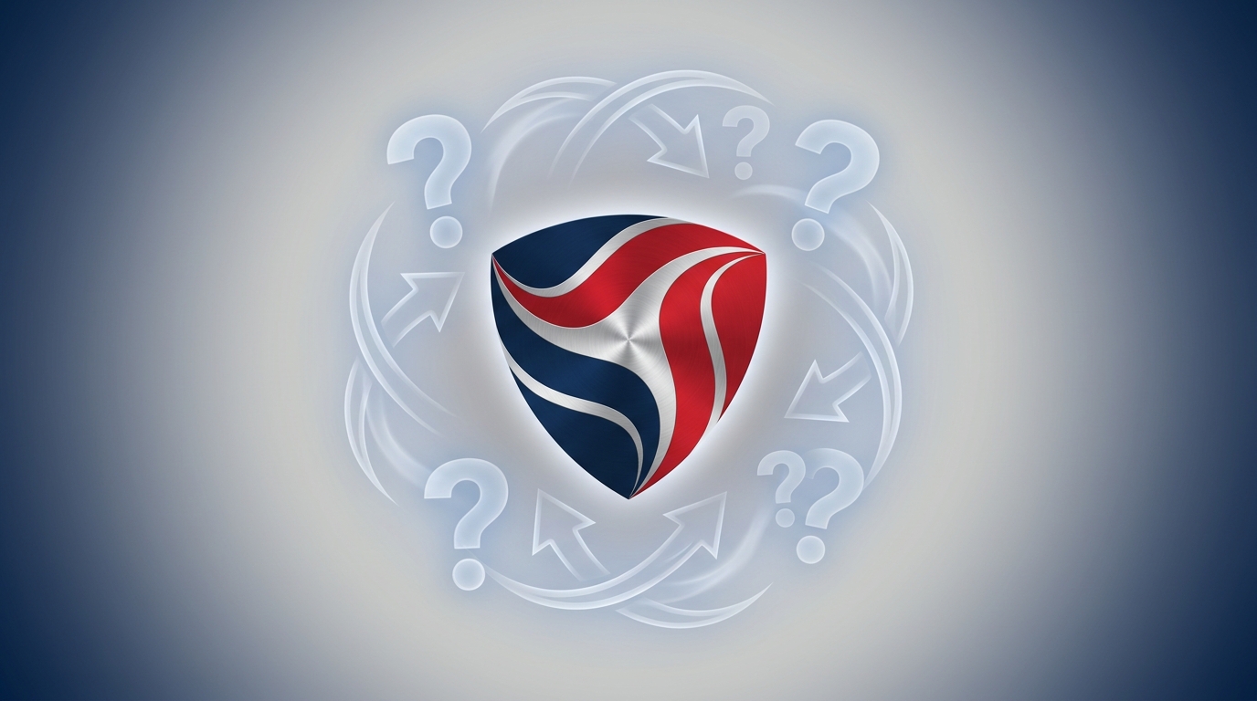 Stylized Patriots emblem with swirling question marks and trade arrows