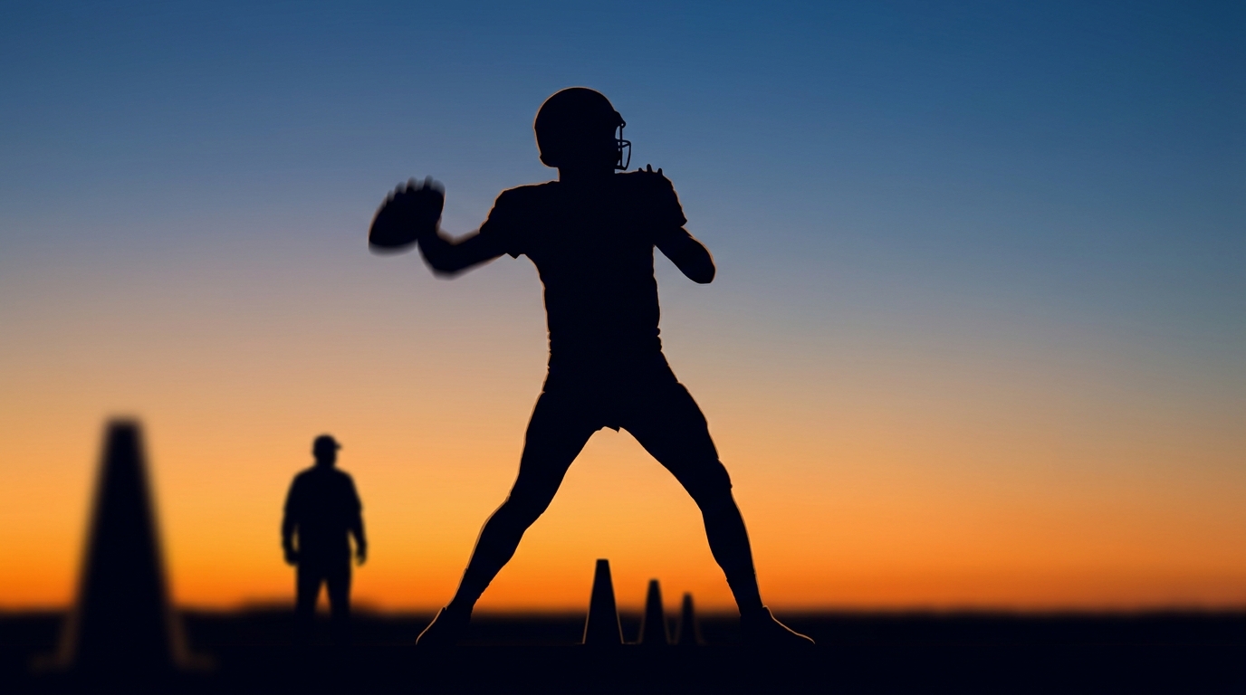 Silhouette of Drake Maye offseason training