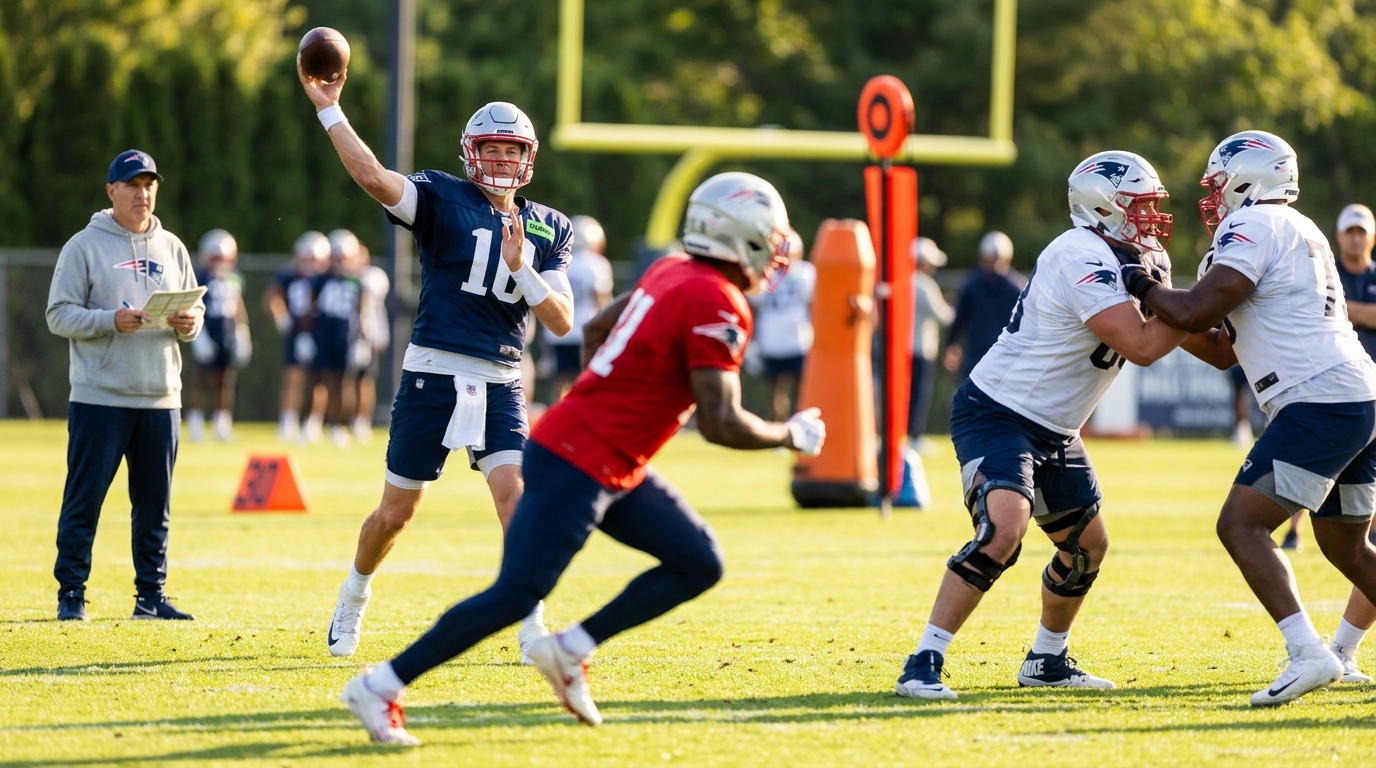 Patriots OTA practice: quarterback releasing pass, receiver cutting on route, offensive linemen blocking and coach observing on the sideline
