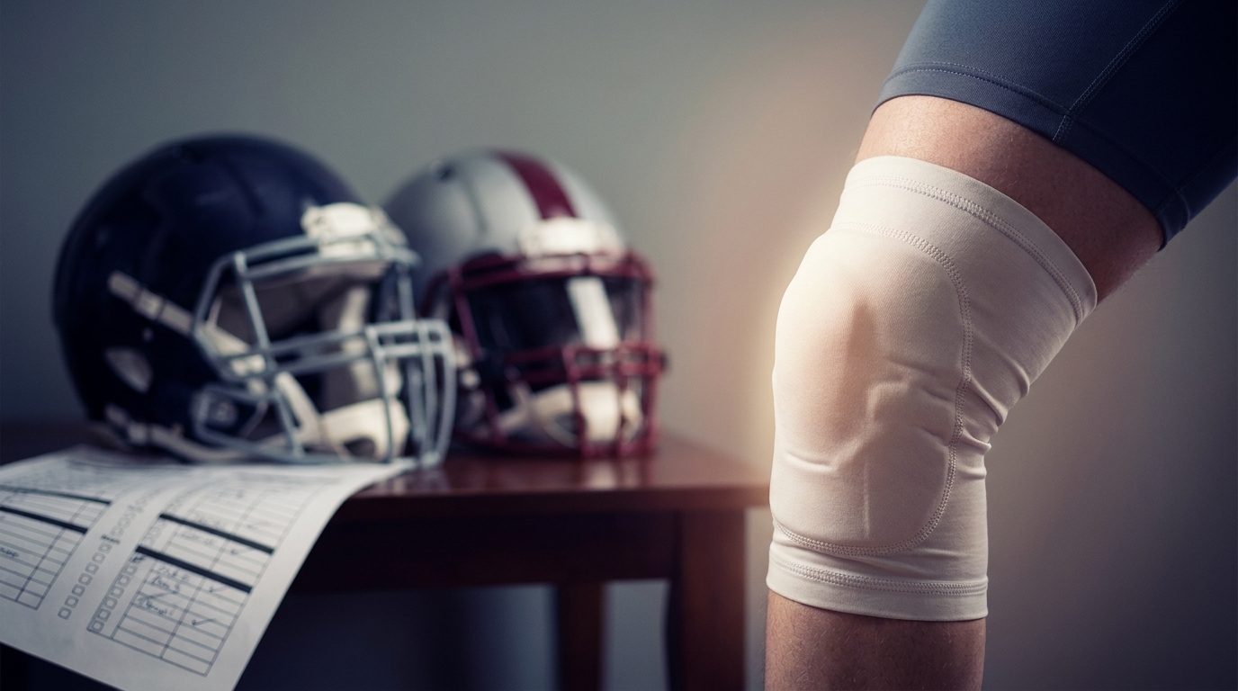 Highlighted photo of a football player's knee with helmets and roster sheet nearby