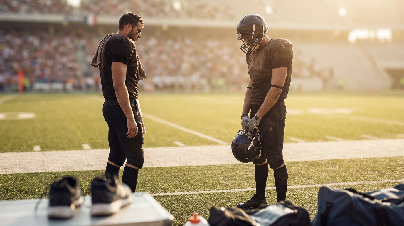 Football player on the sideline in a contemplative, waiting posture