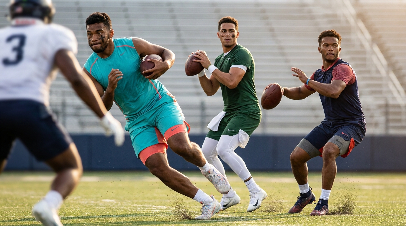 Three quarterbacks in dynamic motion representing backup QB competition