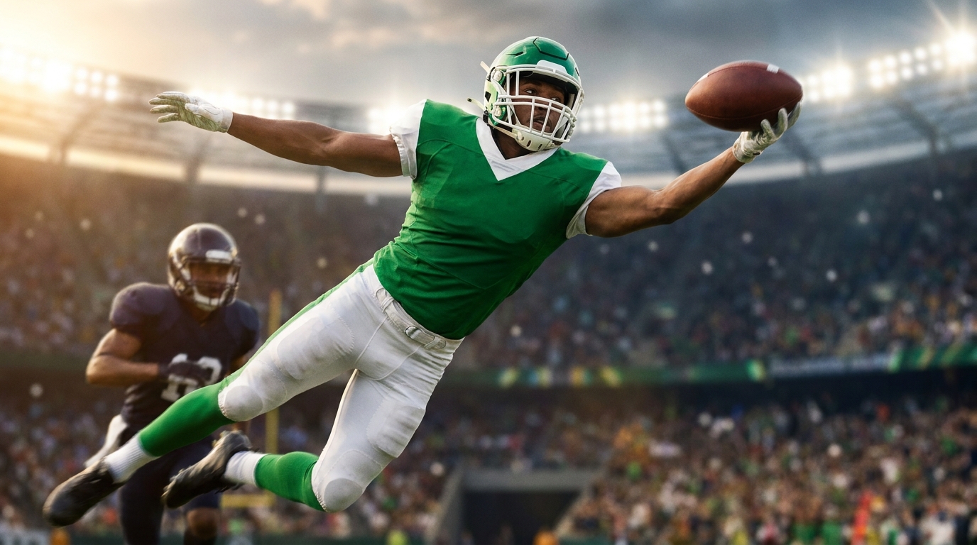 Football player in Jets green leaping to make an airborne catch, defender blurred in background