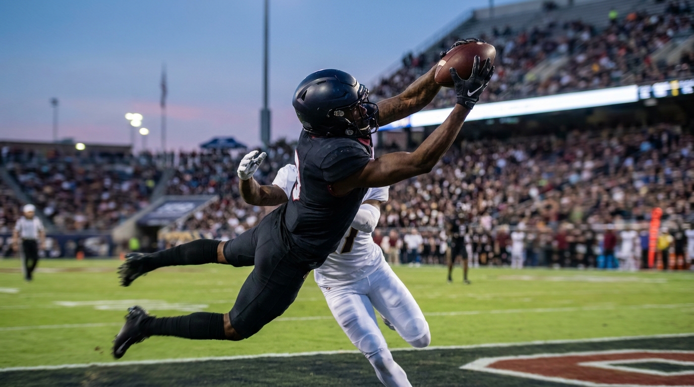 Wide receiver leaping to catch the ball in traffic