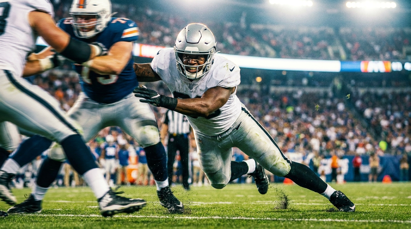 Photo-realistic action shot of a powerful defensive tackle bursting through blockers on a football field with turf spray and stadium lights; no team logos or text