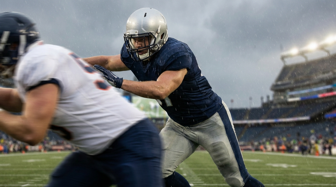 Action-oriented defensive player exploding through blocker to emphasize pass rush pressure