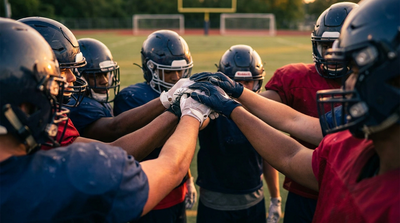 Patriots team huddle at sunset