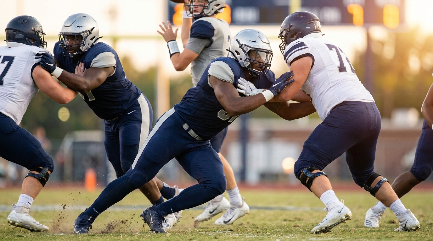 A photo-realistic scene of a defensive line exploding off the snap with a clear focus on an edge rusher bending the corner. The rusher shows low pad, hand placement, and outside leverage while a defensive tackle battles an offensive lineman and the quarterback is blurred in the background. Navy and silver tones, evening stadium light, and mild lens flare emphasize urgency for pass rush help.