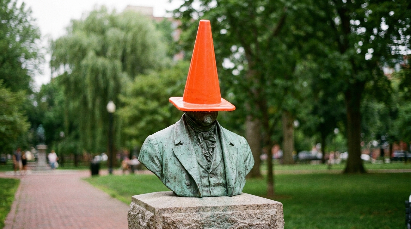 Traffic cone perched on a bronze Boston statue