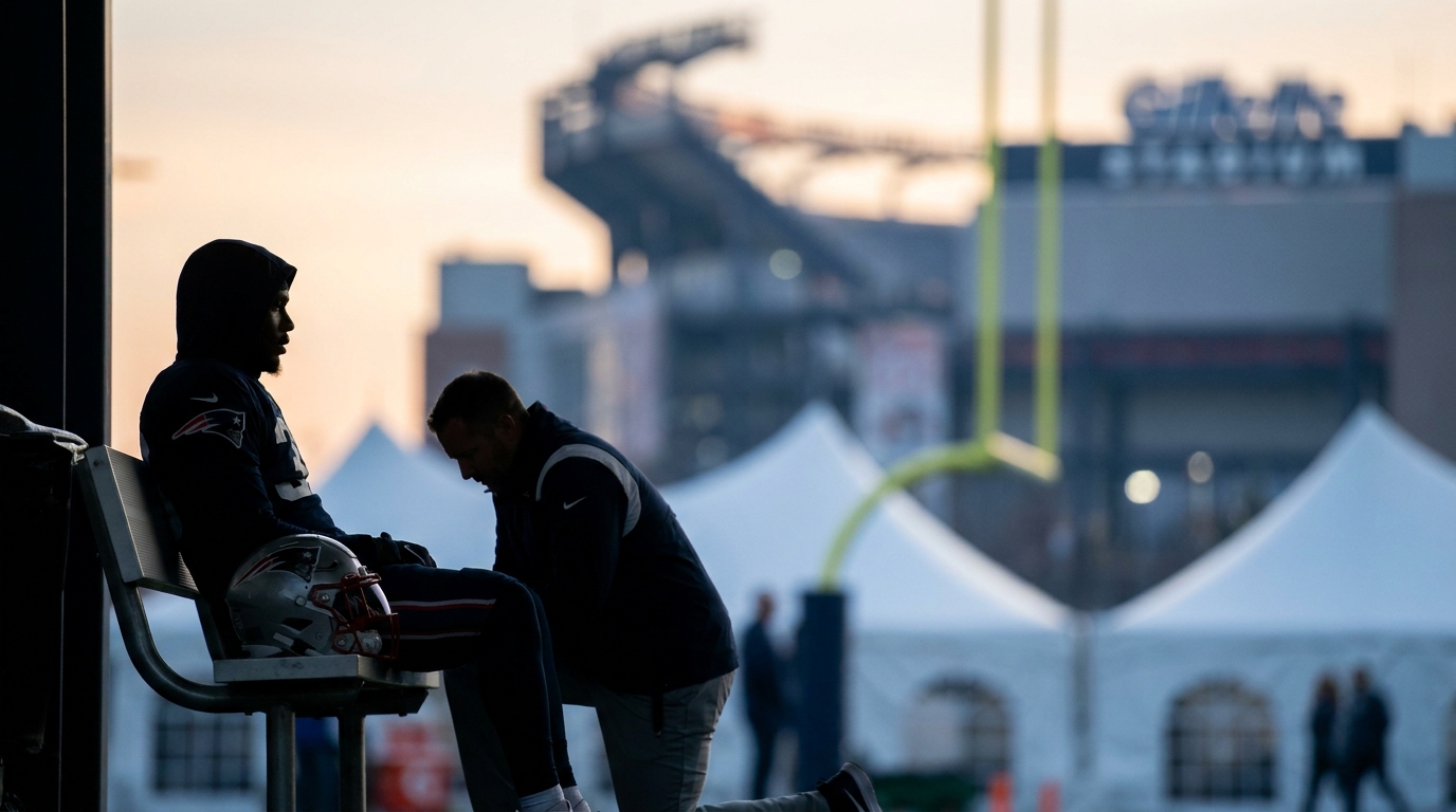 Silhouette of a sidelined football player on a bench being tended to