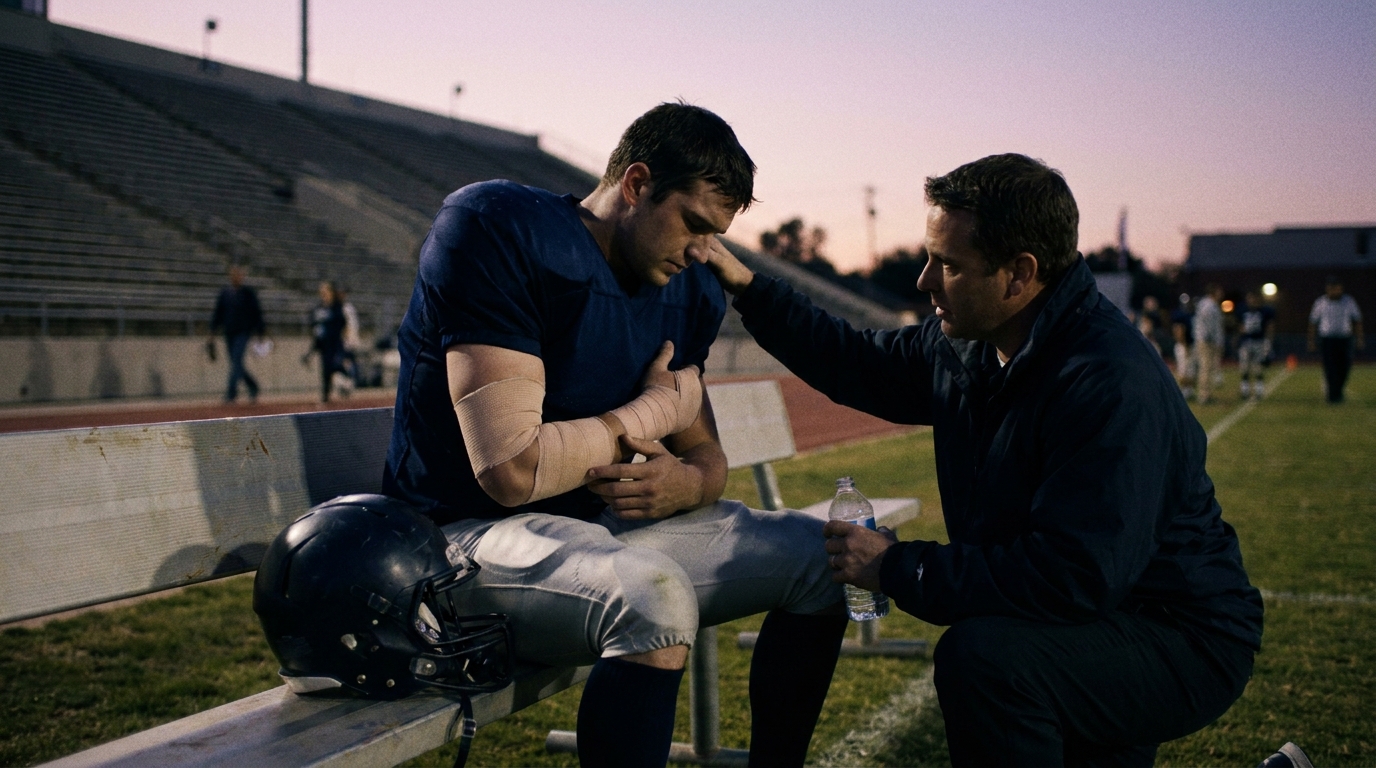 A single football player in navy and silver sits on the sideline holding a wrapped leg while a trainer kneels beside him; a dim, empty stadium forms a blurred, somber background.
