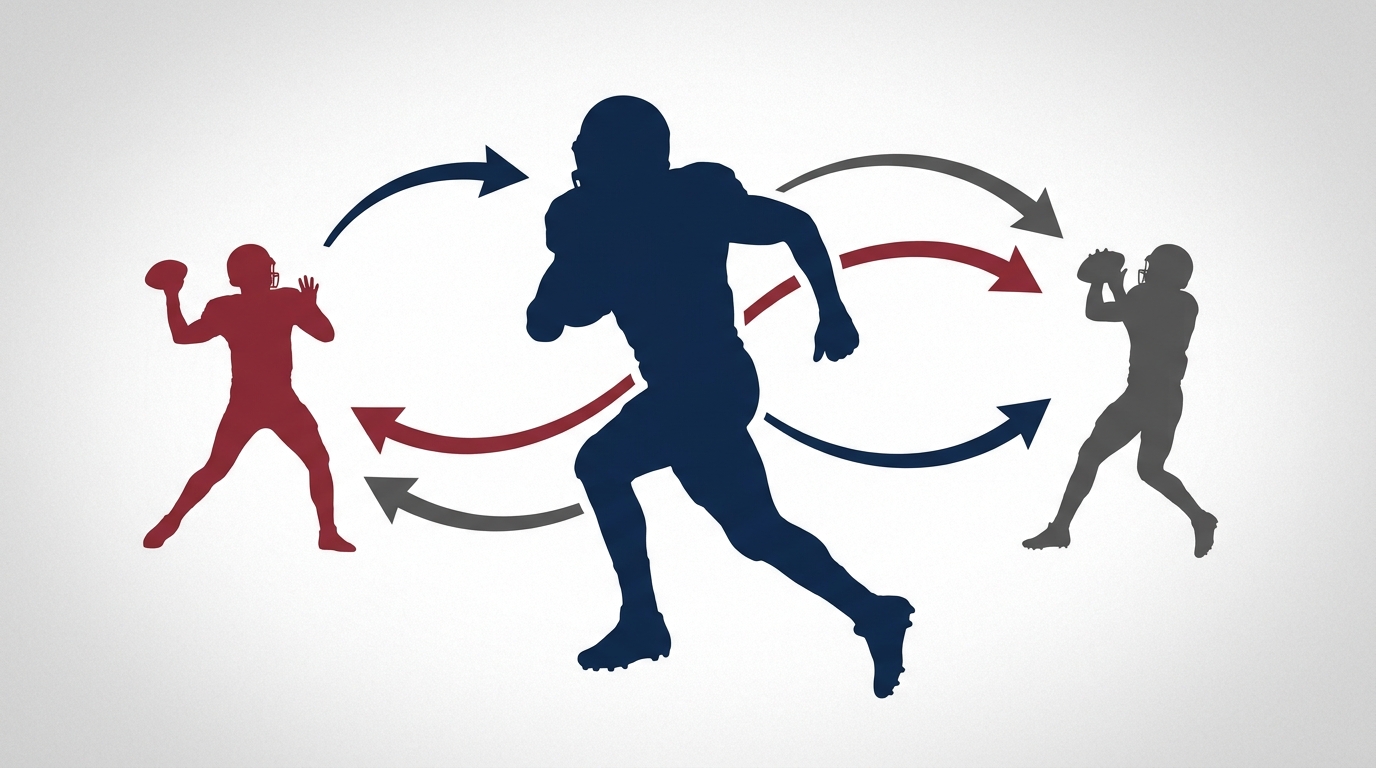 Silhouettes of three football players with arrows indicating trades and movement