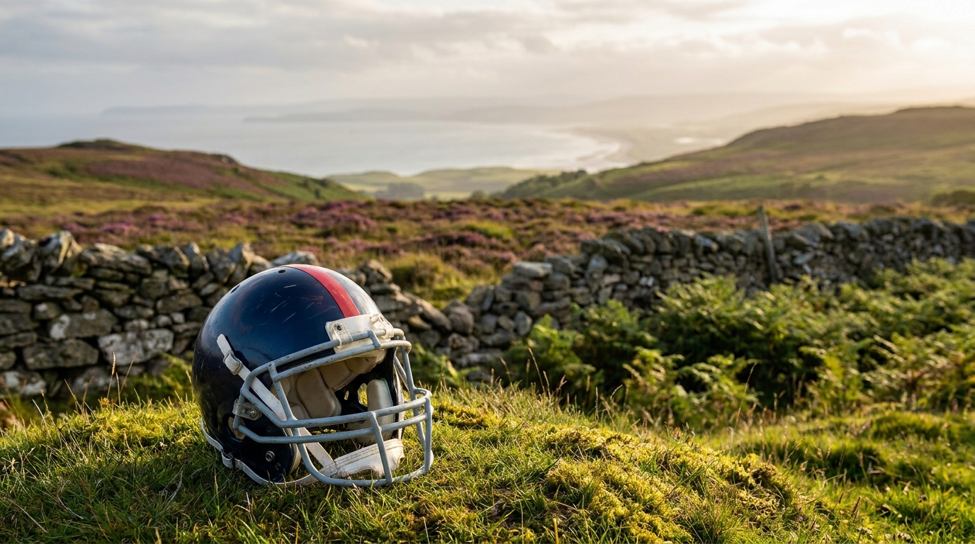 Scenic Scottish landscape with a navy blue football helmet on grass suggesting the Patriots playing in Scotland